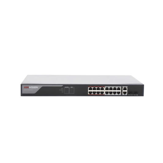 DS-3E1318P-EI Switch Monitoreable PoE+ / 16 puertos 100 Mbps PoE+ / 2 Puertos 1000 Mbps Uplink + 2 Puertos SFP de Uplink / PoE hasta 250 Metros / Conexión Remota desde Hik-PartnerPro / 230 Watts