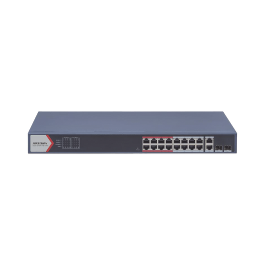DS-3E1318P-EI(B) Switch Monitoreable PoE+ / 16 puertos 100 Mbps PoE+ / 2 Puertos 1000 Mbps Uplink + 2 Puertos SFP de Uplink / PoE hasta 300 Metros / Conexión Remota desde Hik-PartnerPro / 230 Watts