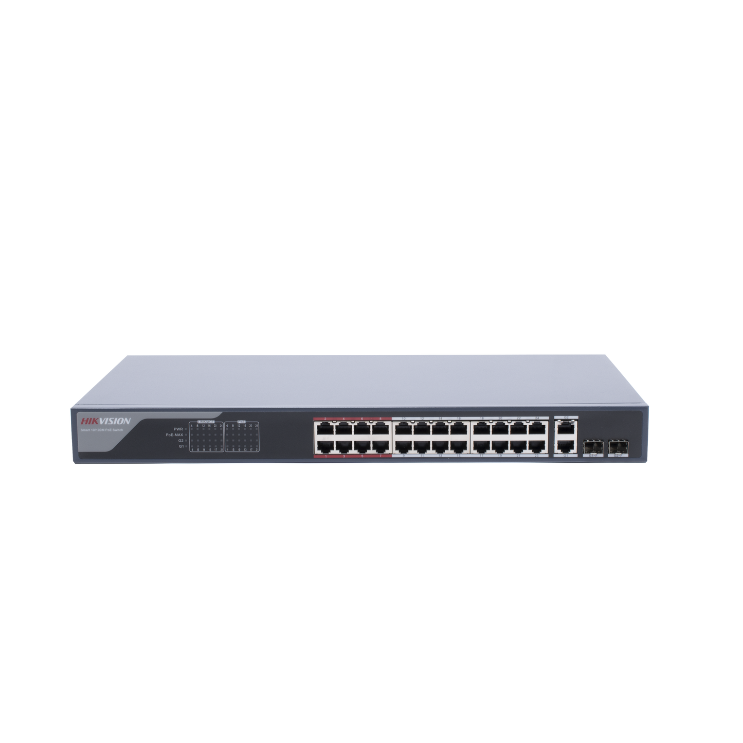 DS-3E1326P-EI Switch Monitoreable PoE+ / 24 Puertos 100 Mbps PoE+ / 2 Puertos 1000 Mbps + 2 Puertos SFP de Uplink / PoE hasta 250 Metros / Conexión Remota desde Hik-PartnerPro / 370 Watts
