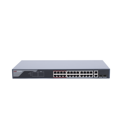 DS-3E1326P-EI Switch Monitoreable PoE+ / 24 Puertos 100 Mbps PoE+ / 2 Puertos 1000 Mbps + 2 Puertos SFP de Uplink / PoE hasta 250 Metros / Conexión Remota desde Hik-PartnerPro / 370 Watts
