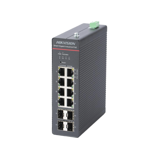 DS-3T1512HP-SI-8P4F - Switch Gigabit PoE+ / Industrial / Administrable / 4 Puertos Gigabit PoE+ (90 W) + 4 Puertos Gigabit PoE+(30 W) / 4 Puertos Gigabit SFP / 300 W Total / 48 a 57 VCD / Ideal para Proyectos / 300 Metros de Distancia