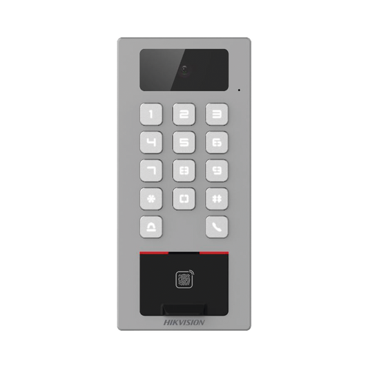 DS-K1T502DBFWX-C Lector Biometrico con Teclado para Exterior Antivandálico IP65 & IK09 con función de Videoportero Multiapartamento /  Huella, Tarjeta, Código QR, PIN o App HikConnect  / Cámara 2 MP compatible con NVRs / Soporta biom