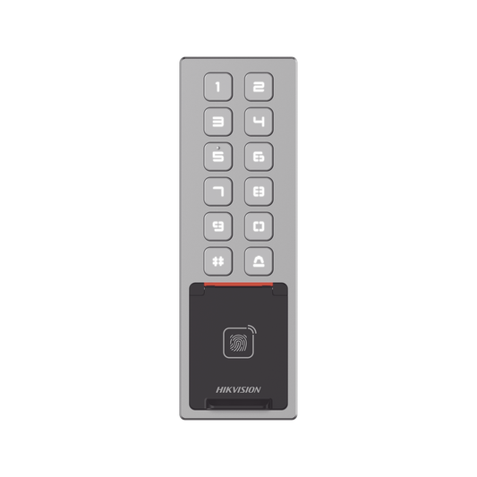 DS-K1T805MBFWX Teclado Exterior WiFi Antivandálico IP65 & IK08 / Administrable en la Nube / Alta y Baja de Passwords Remotamente con Horarios / Acceso por PIN, Tarjeta MIFARE, Huella y Tarjeta Virtual Bluetooth