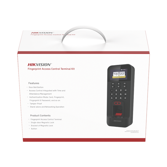 DS-KAS261 Kit de Control de Acceso TODO INCLUIDO con Lector de Huellas y Tarjetas / 3,000 Huellas / Compatible con App Hik-Connect / Incluye Electroimán  Botón de Salida y Montajes Z y L para imán (DS-K1T804)