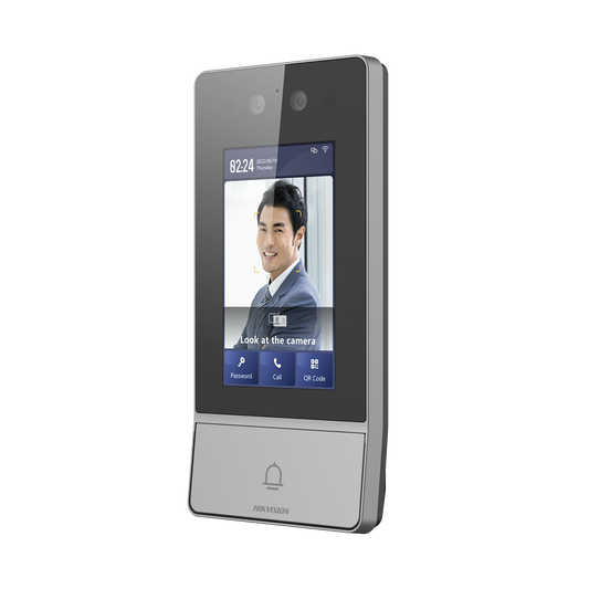 Videoportero IP 2 Megapixel / Llamada y Apertura Remota desde App Hik-Connect / Reconocimiento Facial / Panel touch 4.3/ Exterior IP65 + Antivandalico IK08 / Botón mecanico de llamada / PoE / 1 Departamento / Apertura con Tarjeta, Codigo PIN