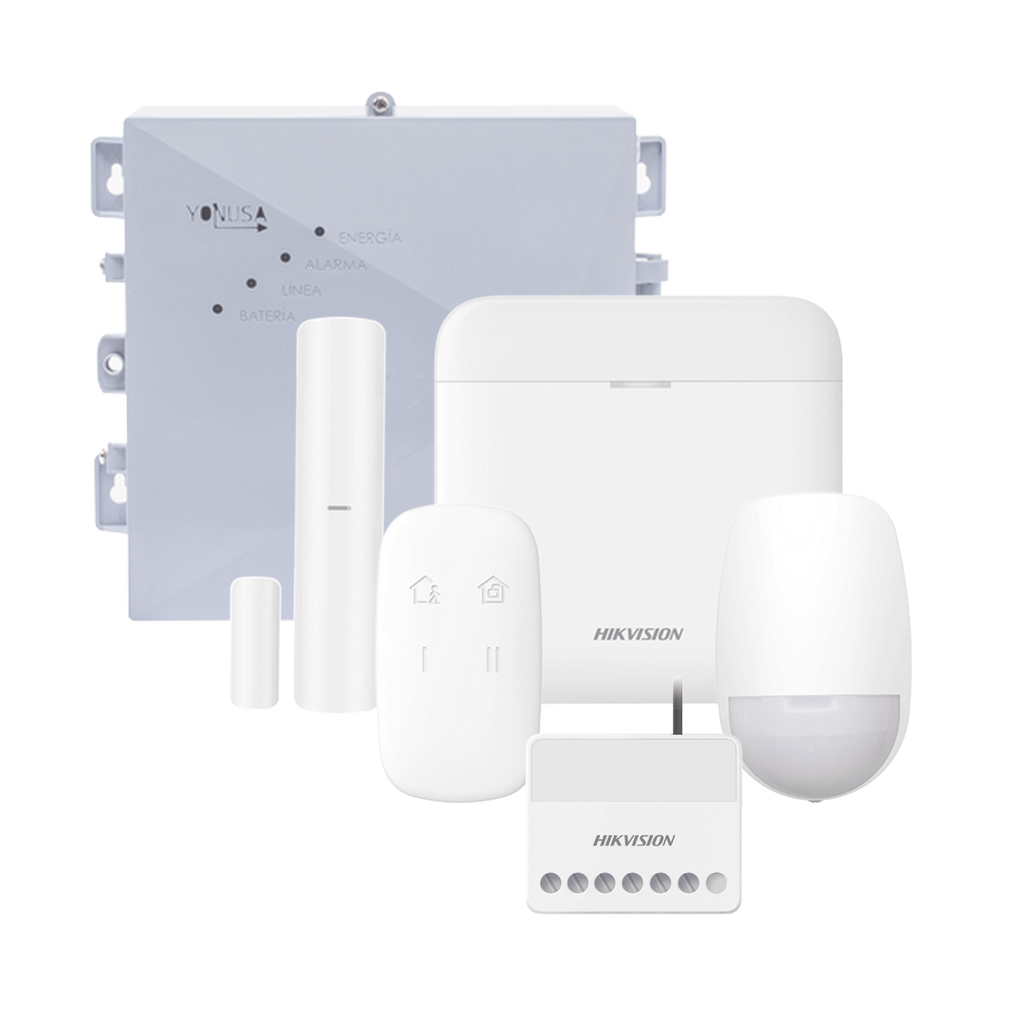 DS-PWA48K-SYSNGV2 (AX PRO + YONUSA) KIT de Alarma AX PRO / Incluye: 1 Hub con bateria de respaldo / 1 Energizador 2500Mts Lineales / 1 Relevador 0 a 36 Vcc (Max. 5 A) con Entrada de Alarma 27/7 / 1 Keyfob / 1 PIR Interior / 1 Magnético
