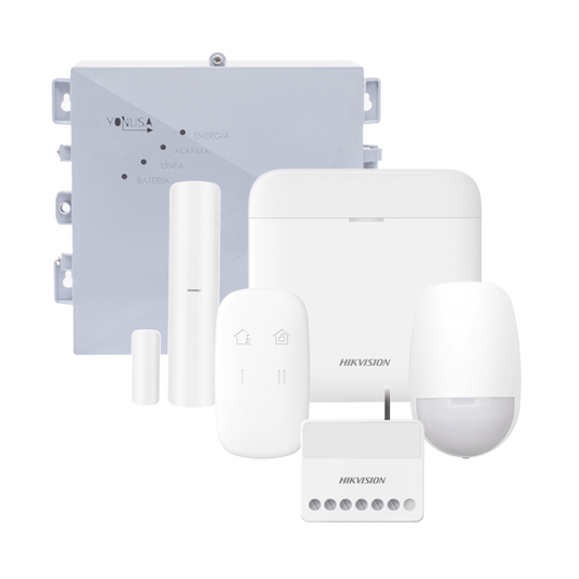 DS-PWA48K-SYSNGV2 (AX PRO + YONUSA) KIT de Alarma AX PRO / Incluye: 1 Hub con bateria de respaldo / 1 Energizador 2500Mts Lineales / 1 Relevador 0 a 36 Vcc (Max. 5 A) con Entrada de Alarma 27/7 / 1 Keyfob / 1 PIR Interior / 1 Magnético