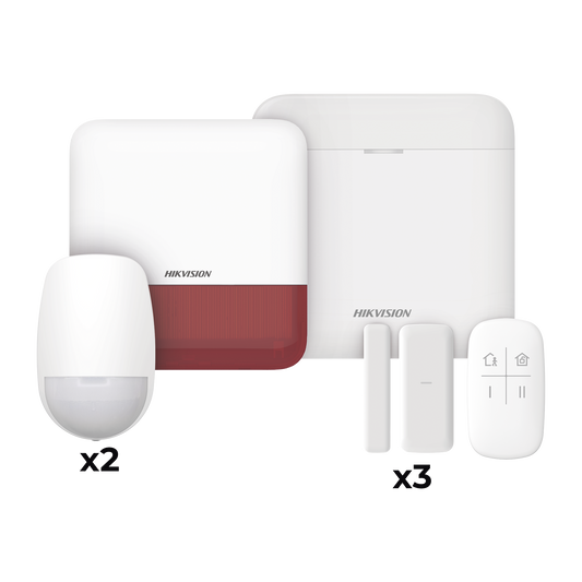 DS-PWA48-KV2(R) (AX PRO) KIT de Alarma AX PRO / Incluye: 1 Hub con batería de respaldo / 2 Sensores PIR / 3 Contactos Magnéticos mini / 1 Control Remoto / 1 Sirena Inalambrica Exterior color rojo  / WiFi / Compatible con Hik-Connect P2P