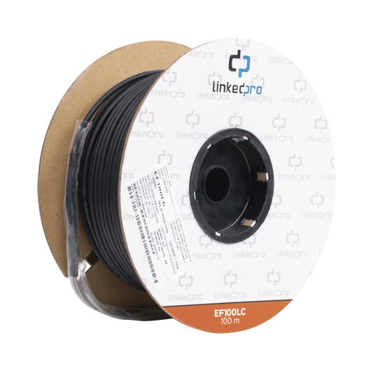 EF-100-LC Carrete de Fibra Óptica Monomodo con Conectores LC-LC Duplex, Reforzada con Kevlar, de 100 metros, Para instalaciones subterráneas por tubería