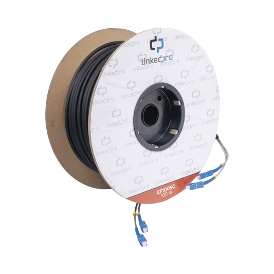 EF-100-SC Carrete de Fibra Óptica Monomodo con Conectores SC-SC Duplex, Reforzada con Kevlar, de 100 metros