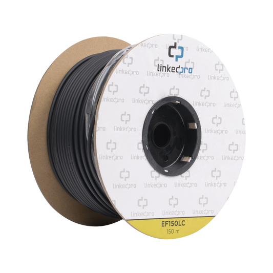 EF-150-LC Carrete de Fibra Óptica Monomodo con conectores LC-LC Duplex, Reforzada con Kevlar, de 150 metros, Para instalaciones subterráneas por tubería