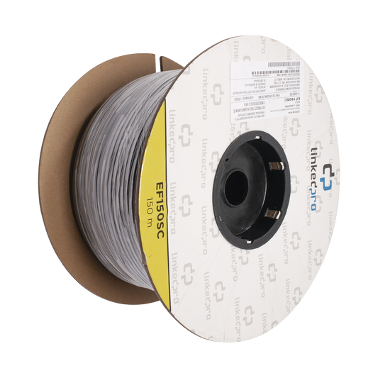 EF-150-SC Carrete de Fibra Óptica Monomodo con conectores SC-SC Duplex, Reforzada con Kevlar, de 150 metros, Para instalaciones subterráneas por tubería