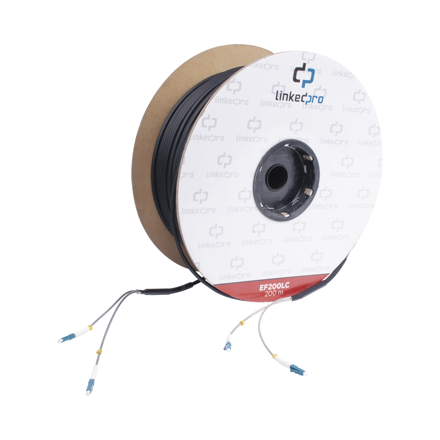 EF-200-LC Carrete de Fibra Óptica Monomodo con conectores LC-LC Duplex, Reforzada con Kevlar, de 200 metros, Para instalaciones subterráneas por tubería