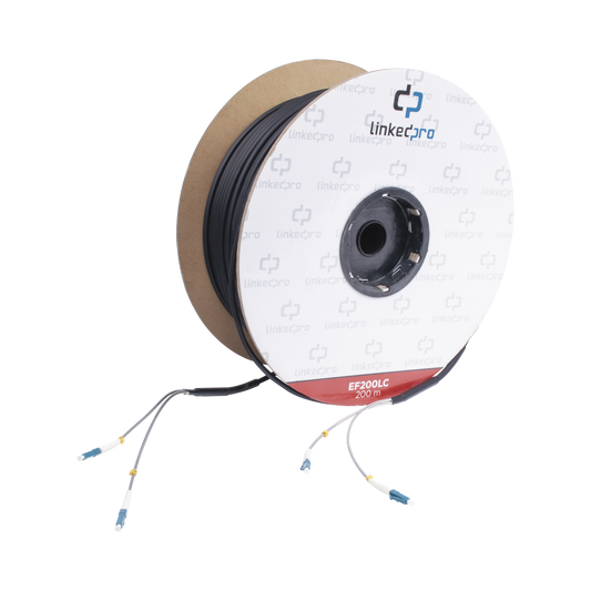 EF-200-LC Carrete de Fibra Óptica Monomodo con conectores LC-LC Duplex, Reforzada con Kevlar, de 200 metros, Para instalaciones subterráneas por tubería