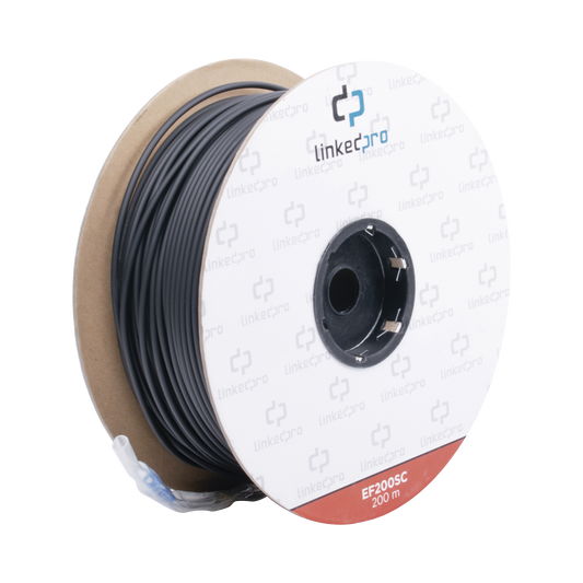 EF-200-SC Carrete de Fibra Óptica Monomodo con Conectores SC-SC Duplex, Reforzada con Kevlar, de 200 metros, Para instalaciones subterráneas por tubería