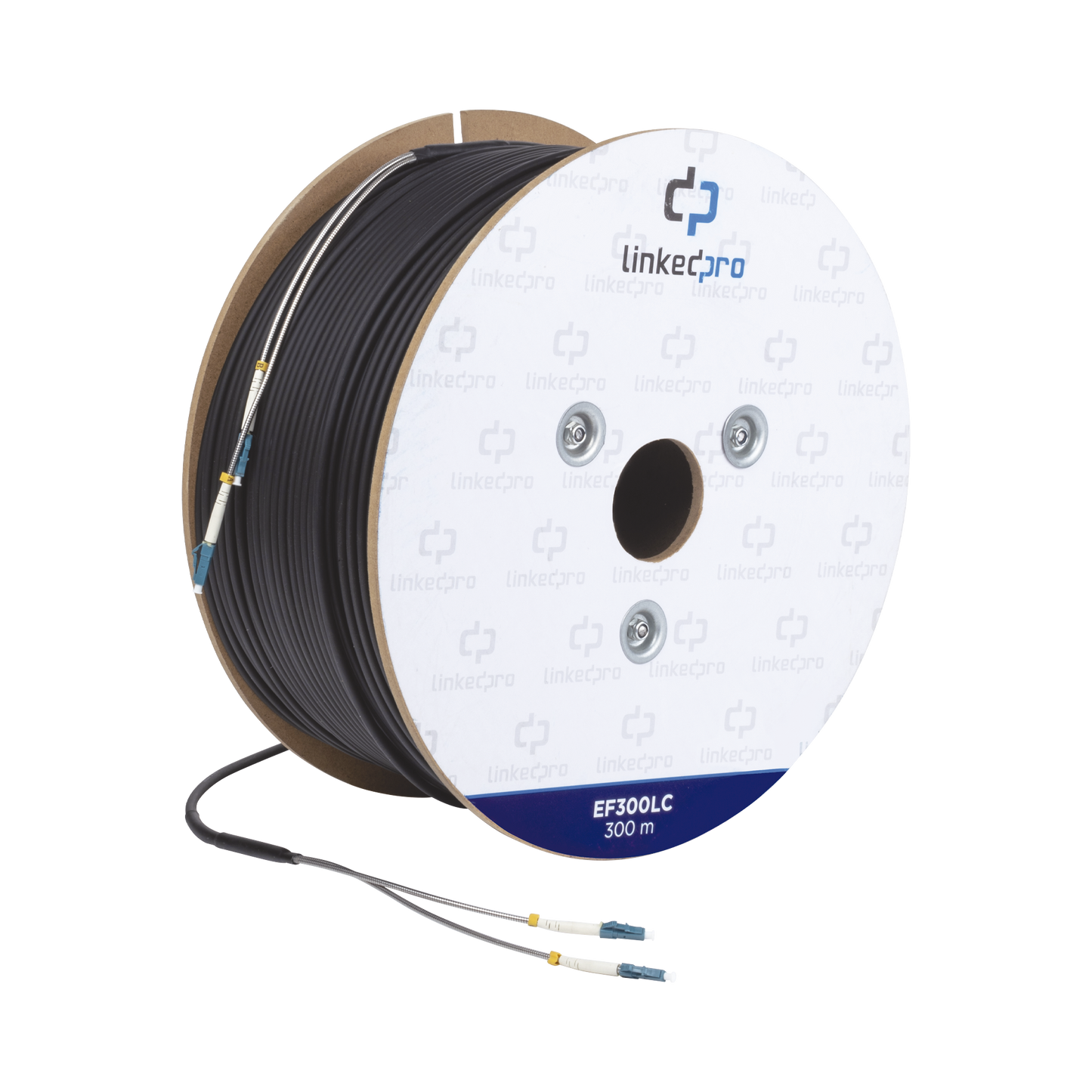 EF-300-LC Carrete de Fibra Óptica Monomodo con conectores LC-LC Duplex, Reforzada con Kevlar, de 300 metros, Para instalaciones subterráneas por tubería