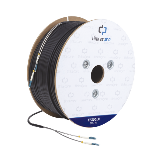 EF-300-LC Carrete de Fibra Óptica Monomodo con conectores LC-LC Duplex, Reforzada con Kevlar, de 300 metros, Para instalaciones subterráneas por tubería