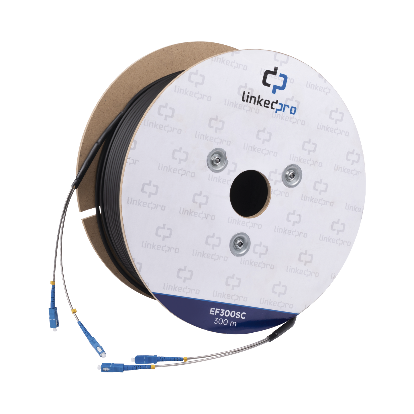 EF-300-SC Carrete de Fibra Óptica Monomodo con Conectores SC-SC Duplex, Reforzada con Kevlar, de 300 metros, Para instalaciones subterráneas por tubería