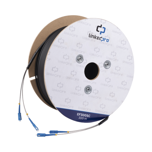 EF-300-SC Carrete de Fibra Óptica Monomodo con Conectores SC-SC Duplex, Reforzada con Kevlar, de 300 metros, Para instalaciones subterráneas por tubería