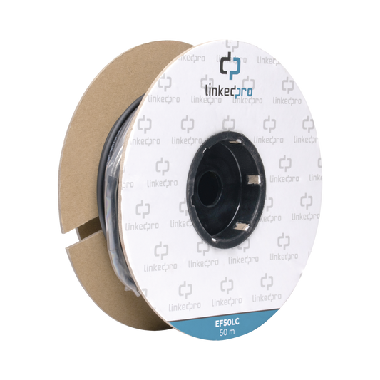 EF-50-LC Carrete de Fibra Óptica Monomodo con Conectores LC-LC Duplex, Reforzada con Kevlar, de 50 metros, Para instalaciones subterráneas por tubería