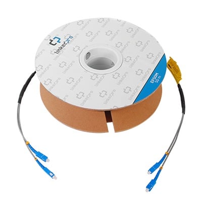 EF-50-SC Carrete de Fibra Óptica Monomodo con Conectores SC-SC Duplex, Reforzada con Kevlar, de 50 metros, Para instalaciones subterráneas por tubería
