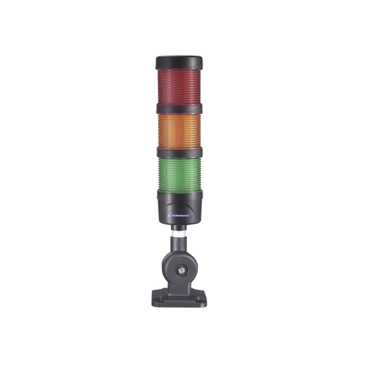 EI-3-RAG-110240 - Torre LED Indicadora de estado de 3 niveles color Rojo, Ámbar y Verde, con Buzzer integrado a 85 dB,  a 110-240 VCA con Montaje incluido de 60 mm de diámetro