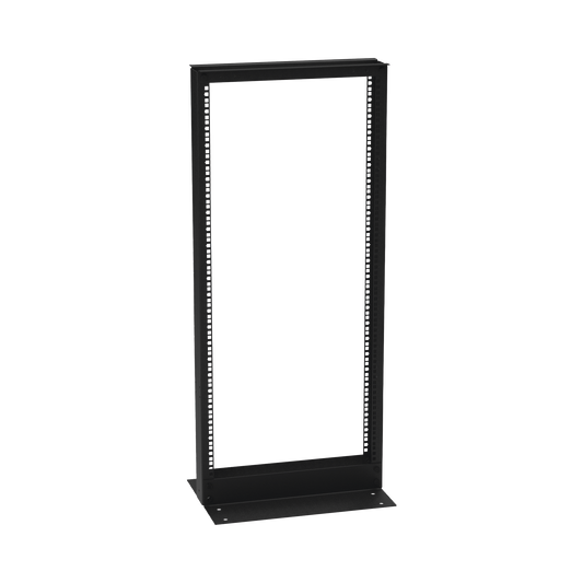 EI-RL-5524-DR - Rack de 2 Postes (Doble Perforación), Estándar 19", 24 Unidades, Fabricado en Acero, Base "L" para Anclar a Piso.