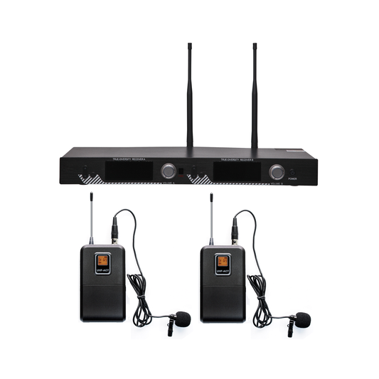 EP521UL Kit de Microfonía inalámbrico | 2 Micrófonos de Lavalier | Receptor UHF | Pantalla LCD | 200 Canales | Gran cobertura