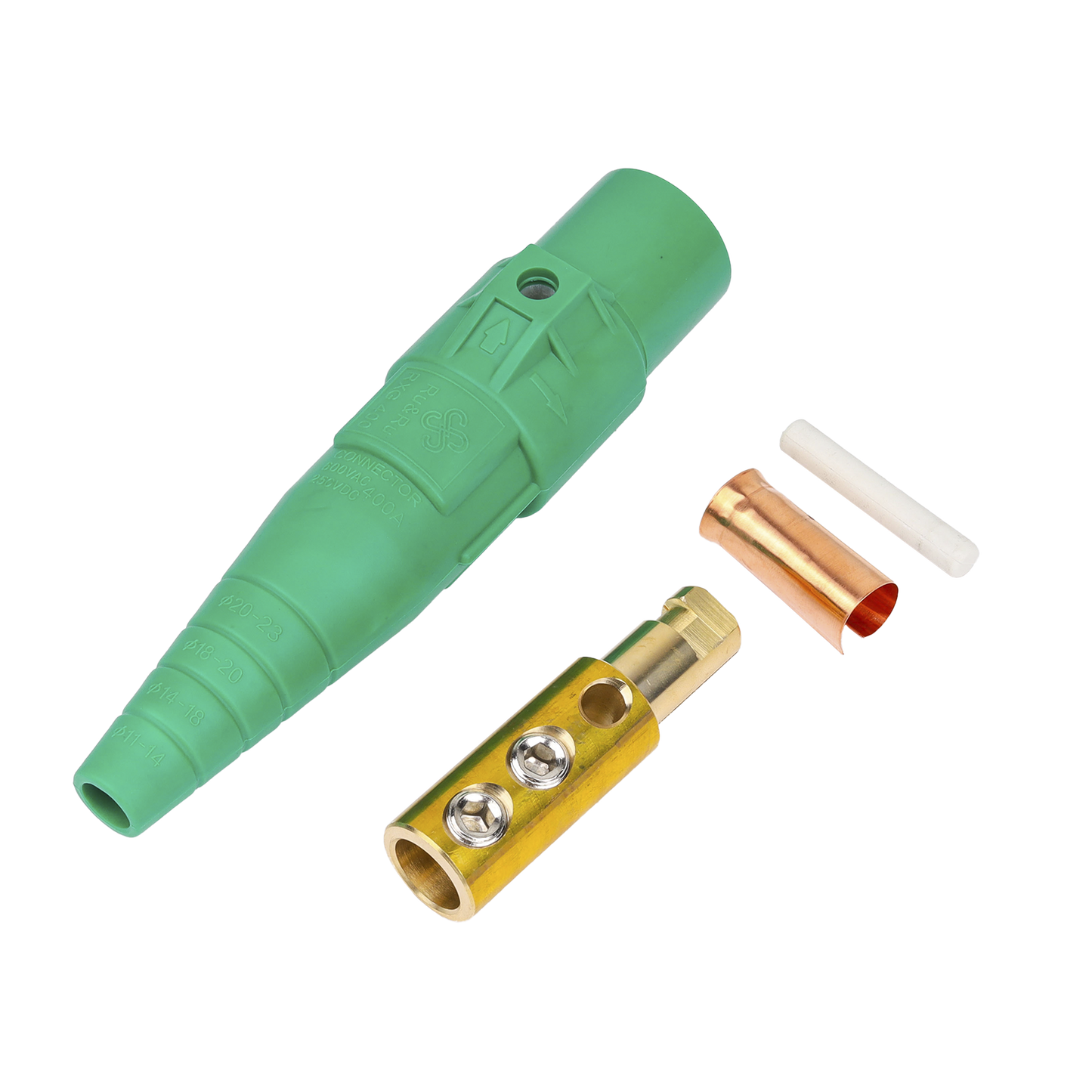 EP-CAMLOCK-400A-M-GREEN - Conector Camlock Macho / 400 Amperes / AC 600V / Sección Cable 50-95 mm² / Abrazadera Compresión / Plástico Ingeniería / Varios Colores