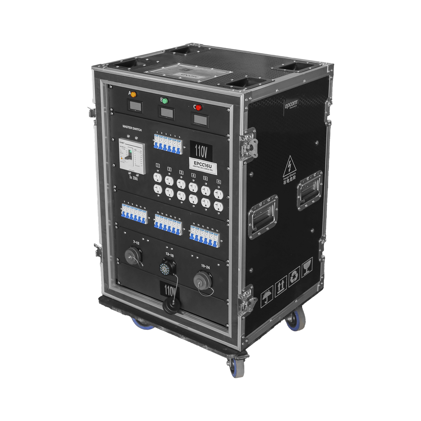 EP-CC-16U - Centro de carga movil para instalaciones temporales con conexión TIPO socapex a 110v Y 220V | RACK 16U