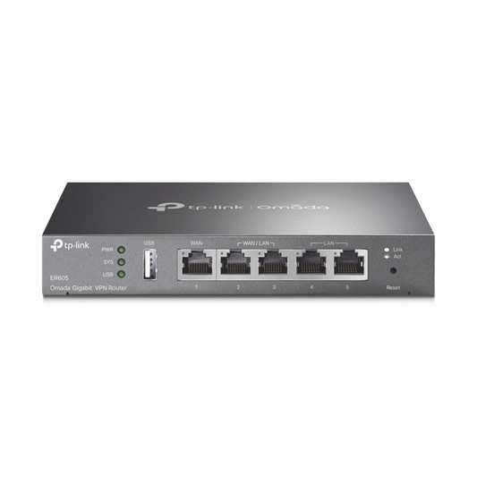 ER605 - Router Omada VPN / SDN Multi-WAN Gigabit / 1 Puerto WAN Gigabit / 2 Puertos LAN Gigabit / 2 Puertos configurables LAN/WAN / 150,000 Sesiones Concurrentes / Administración Centralizada OMADA o Stand-Alone / 1 Puerto USB 2.0