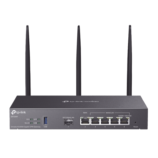 ER706W - Router Omada VPN / SDN Multi-WAN Gigabit / 1 Puerto WAN SFP Gigabit / 1 Puerto WAN RJ45 Gigabit / 2 Puertos LAN RJ45 Gigabit / 2 Puertos Configurables LAN/WAN / 150,000 Sesiones Concurrentes / Administración Centralizada Omada o Stand-Alone