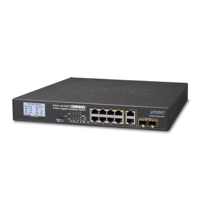 FGSD-1022VHP Switch PoE+ / distancia 250 metros / 8 puertos + 2 combo TP/SFP gigabit y pantalla LCD para monitoreo