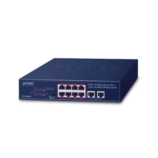 FSD-1008HP Switch No Administrable de Escritorio y Rack, 8 Puertos Fast Ethernet con  PoE 802.3af/at, 2 Puertos Uplink, Hasta 250 m en Modo Extendido