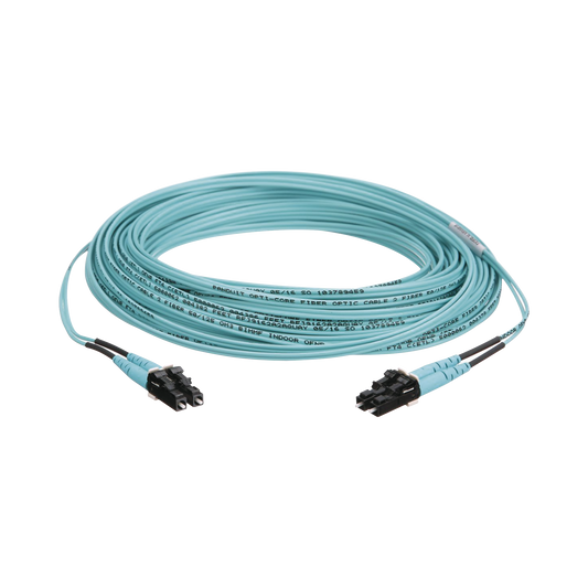 FX2ERLNLNSNM015 - Jumper de Fibra Optica Multimodo 50/125 OM3, LC-LC Duplex, OFNR (Riser), Color Aqua, 15 Metros (49.21 Pies)