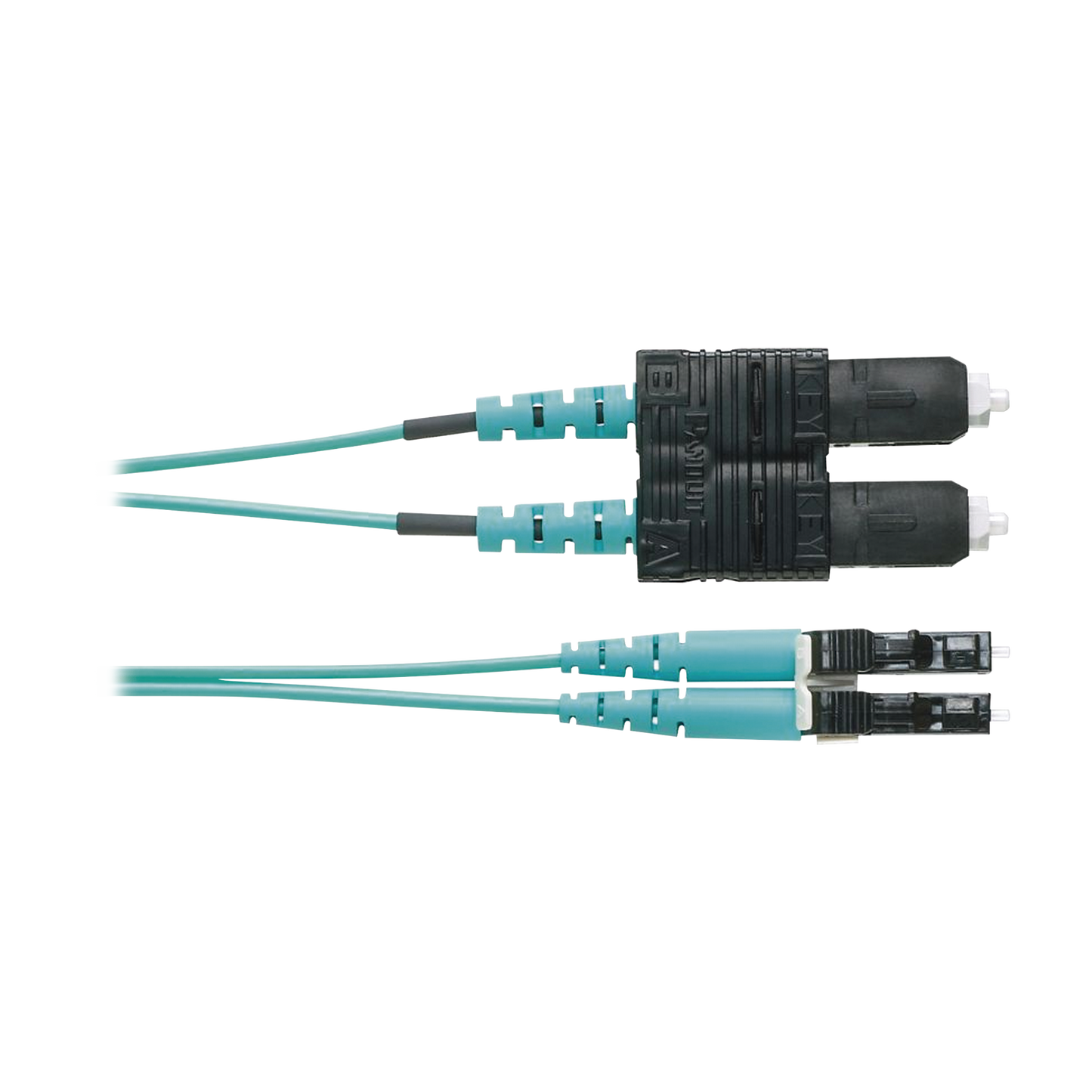 FZ2ERLNSNSNM001 - Jumper de Fibra Optica Multimodo 50/125 OM4, LC-SC Duplex, OFNR (Riser), Color Aqua, 1 Metro (3.28 Pies)