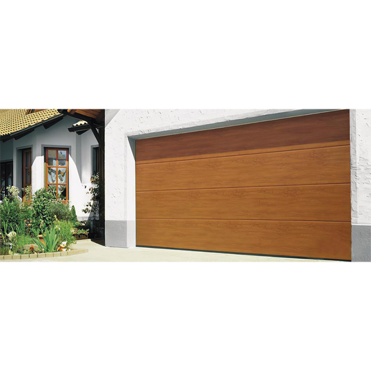 GARAGE99-W Puerta de Garage D/ Alta calidad / 9x9 pies / AISLADA / Estilo Americana / Imitacion Madera / Golden Oak / Linea Central .
