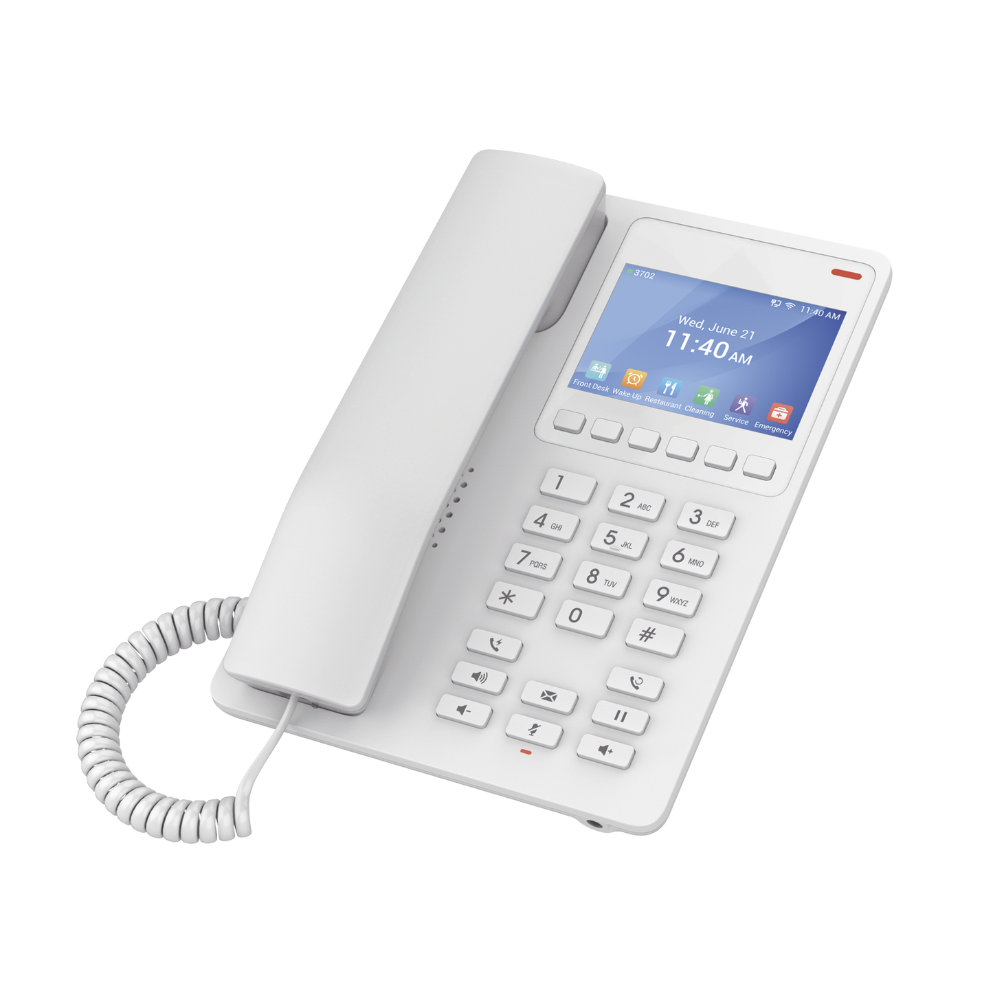 GHP630 - Teléfono IP Hotelero con pantalla LCD a color, 2 líneas SIP con 2 cuentas, codec Opus, IPV4/IPV6, color blanco, con gestión en la nube GDMS