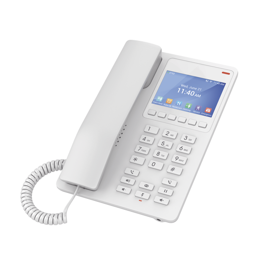 GHP630 - Teléfono IP Hotelero con pantalla LCD a color, 2 líneas SIP con 2 cuentas, codec Opus, IPV4/IPV6, color blanco, con gestión en la nube GDMS