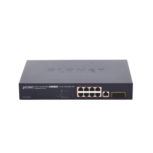 GS-4210-8P2S Switch Administrable Capa 2 de 8 Puertos PoE 802.3af/at Gigabit 140 W Max, 2 Puertos SFP, Modo Extendido Hasta 250 m.