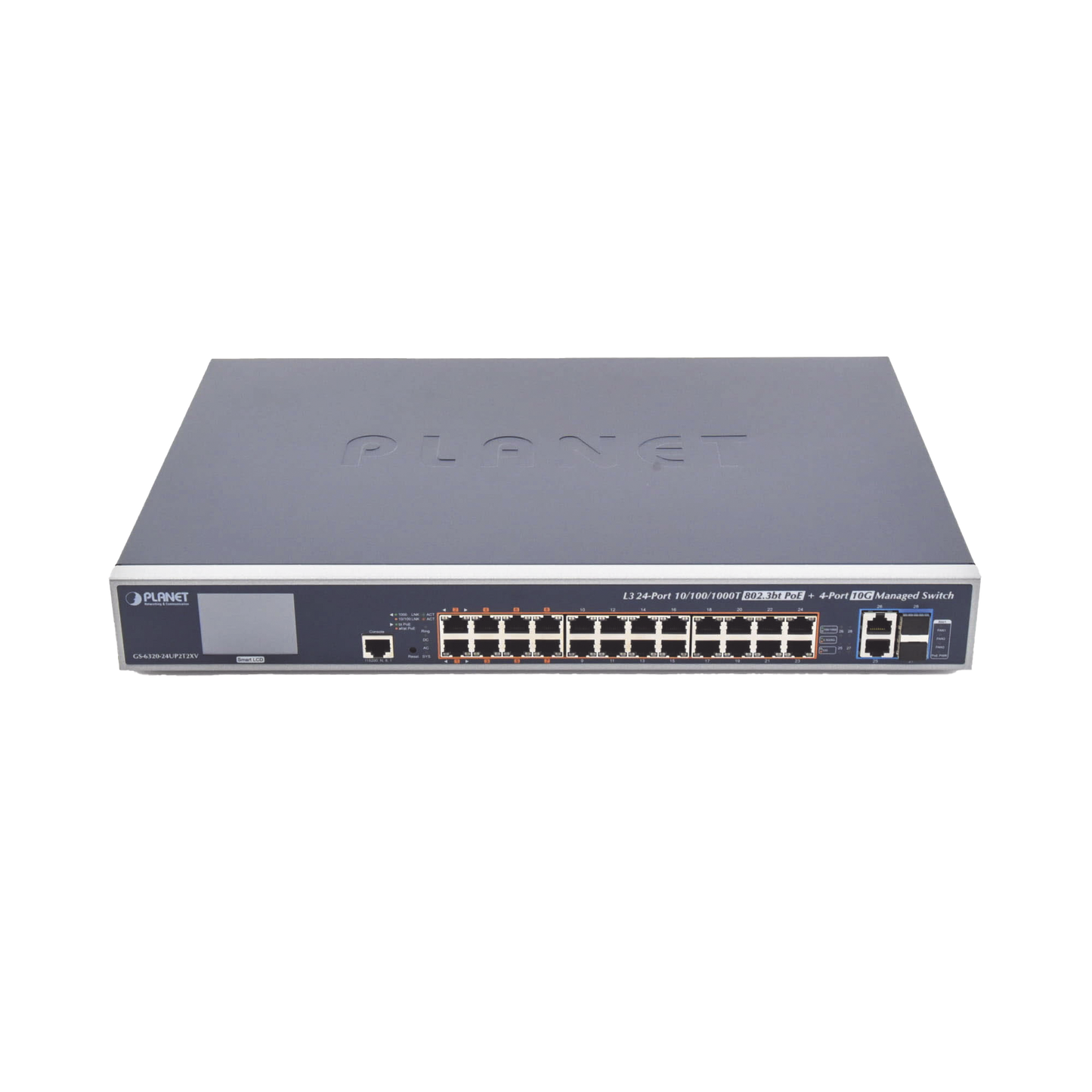 GS-6320-24UP2T2XV Switch Administrable L3, 24 puertos Gigabit PoE 802.3bt, 2 puertos 10G SFP+, Pantalla Tactil, Fuente Redundante, (600W)