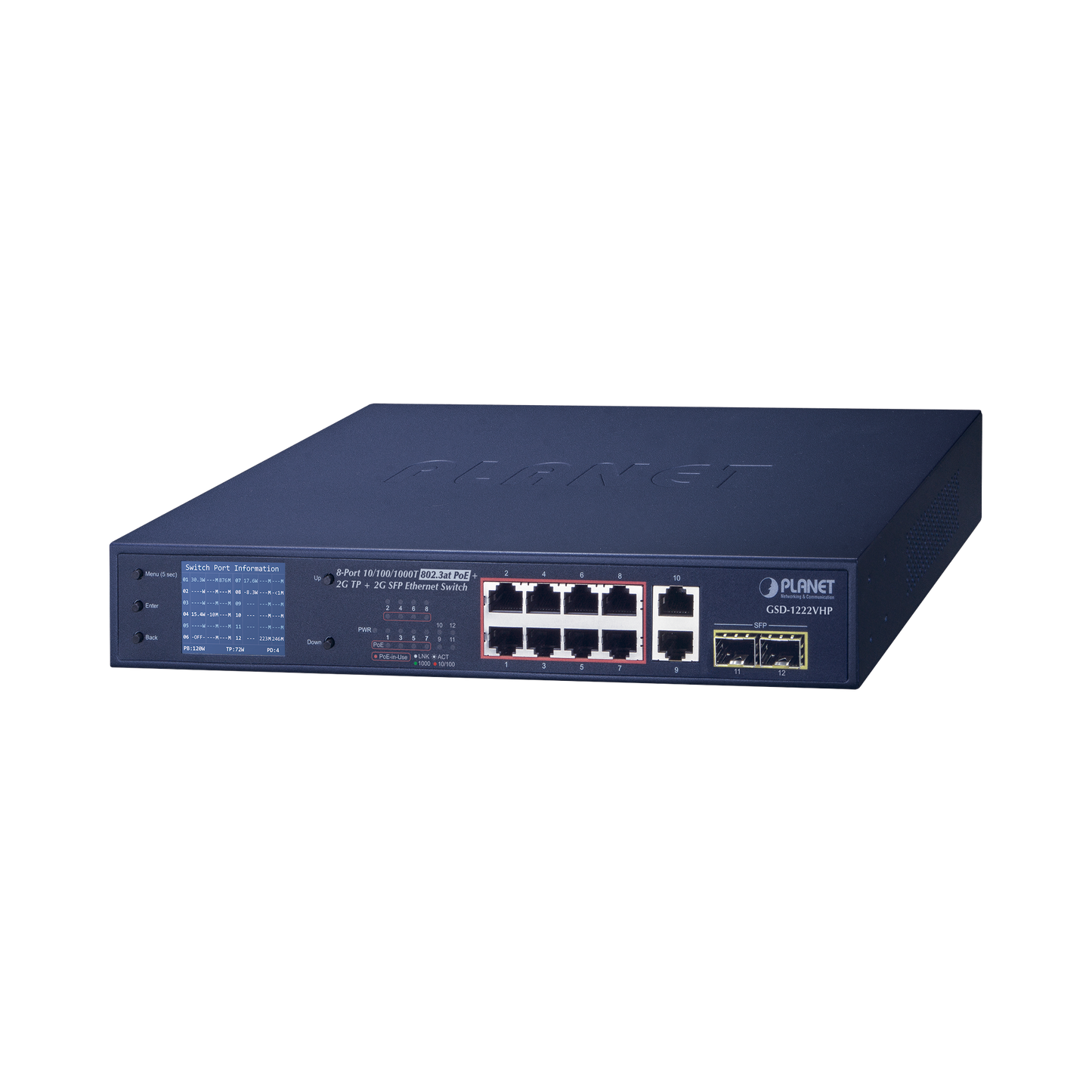 GSD-1222VHP Switch No Administrable 8 Puertos Gigabit con Modo Extend PoE a 250 mts, 2 puertos Uplink 10/100/1000 Mbps, 2 Puertos SFP