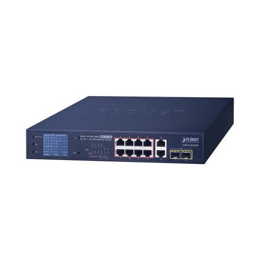 GSD-1222VHP Switch No Administrable 8 Puertos Gigabit con Modo Extend PoE a 250 mts, 2 puertos Uplink 10/100/1000 Mbps, 2 Puertos SFP