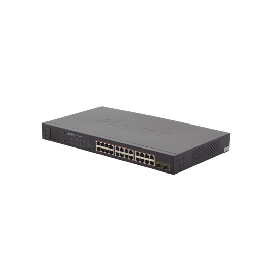 GSW-2620VHP Switch PoE de 24 Puertos Gigabit 802.3af/at con Modo Extendido 250 m, 2 Puertos SFP 1000SX , Pantalla LCD para Configuración Básica, Hasta 300 W para PoE