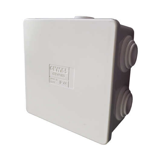 GW-44-003 - Caja Estanca de PVC Para Derivación y Conexión, 6 Entradas, Tapa a Presión, 80×80×40 mm (Mayor Área Interna, Uso Exterior IP44, Material que no Propaga el Fuego y Libre de Hálogenos