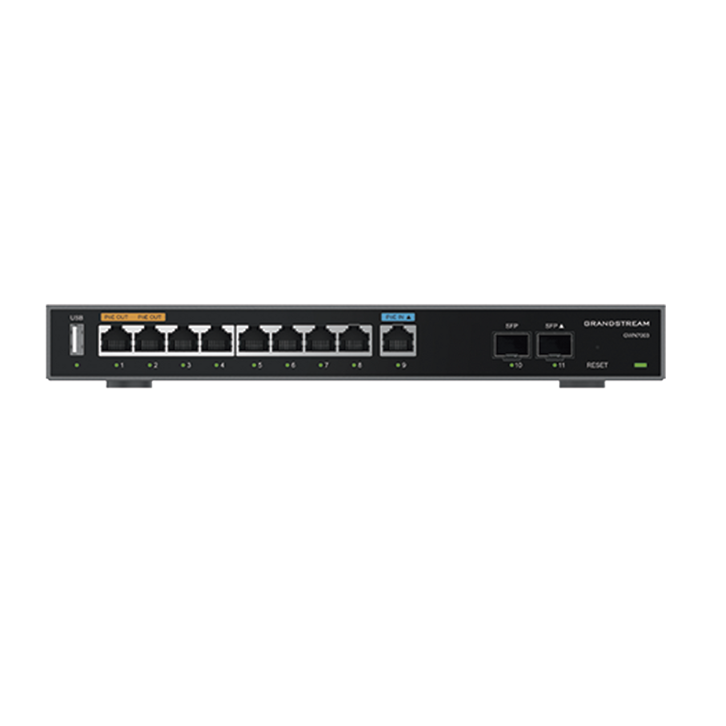 GWN7003 - Router Gigabit VPN / Balanceador de cargas / 60,000 sesiones NAT /  9 puertos 10/100/1000 Mbps + 2 puertos SFP (WAN/LAN) / 1 puerto entrada PoE(af/at) / 2 puertos salida PoE (af/at) / Compatible con GWN Cloud.