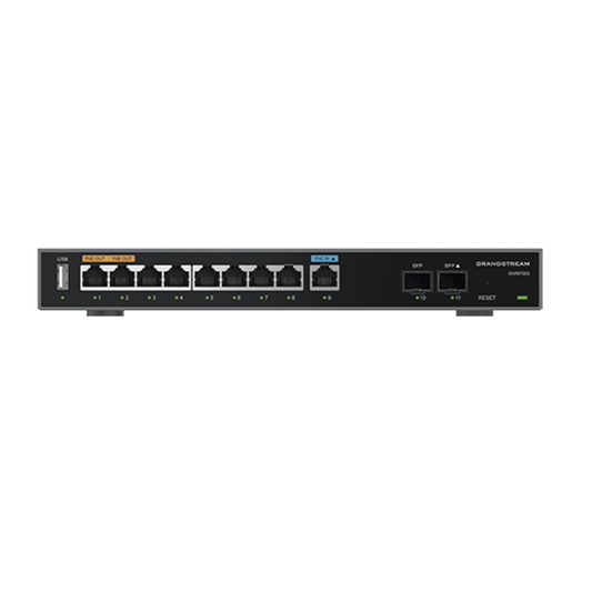 GWN7003 - Router Gigabit VPN / Balanceador de cargas / 60,000 sesiones NAT /  9 puertos 10/100/1000 Mbps + 2 puertos SFP (WAN/LAN) / 1 puerto entrada PoE(af/at) / 2 puertos salida PoE (af/at) / Compatible con GWN Cloud.