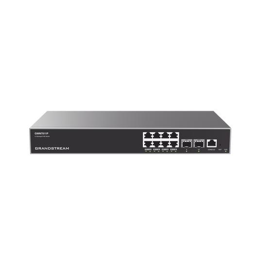 GWN7811P - Switch Capa 3 PoE+ Administrable / 8 puertos 10/100/1000 Mbps + 2 Puertos SFP+ de 10 Gigabits / Hasta 120W / Compatible con GWN Cloud.