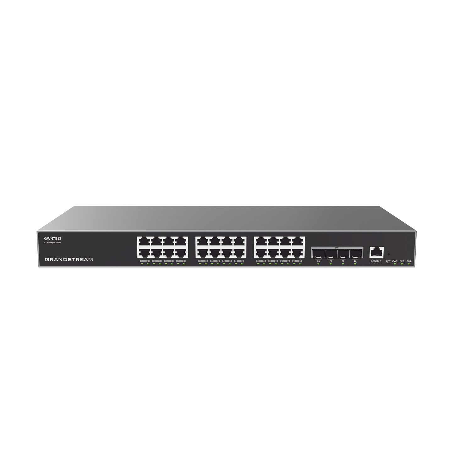 GWN7813 - Switch Capa 3 Administrable / 24 puertos 10/100/1000 Mbps + 4 Puertos SFP+ de 10 Gigabits / Compatible con GWN Cloud.