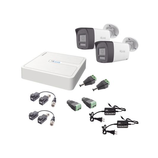 HL-1080P-2B-TWA - Kit HiLook Audio Bidireccional TurboHD 1080p / DVR 4 Canales / 2 Cámaras Bala (Exterior) con Bocina y Microfóno Integrado / 2 Fuentes de Poder / Accesorios
